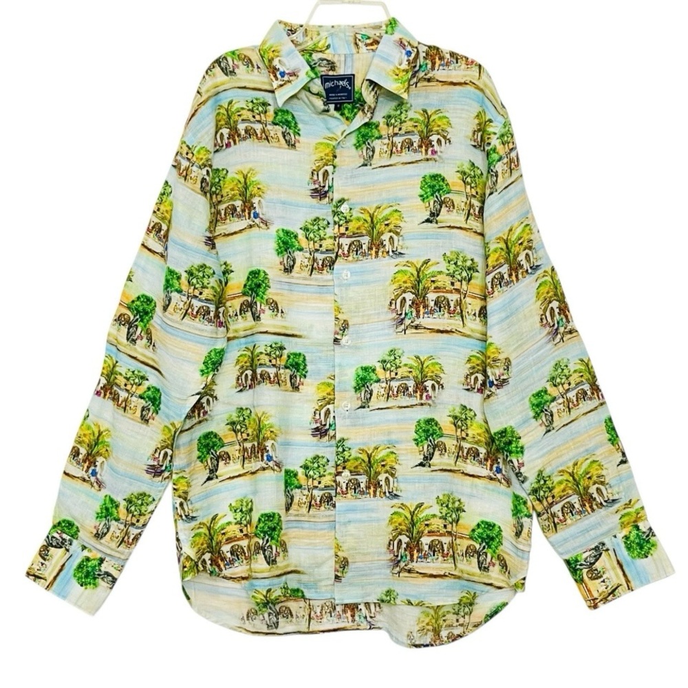 Michael’s 100% Linen Italy Beach Town Trees Button Down Shirt  Made/Morocco Sz M